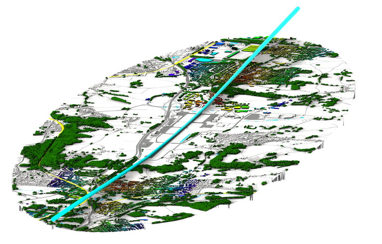 Vogelvluchtperspectief van de omgeving rond MAA met daarin ingetekend het glijpad