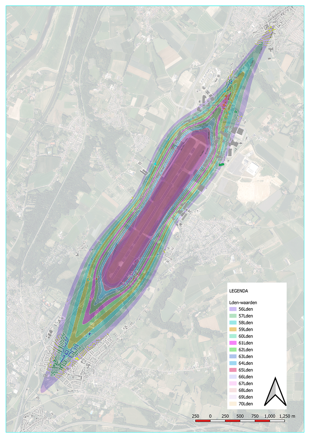 De 56 tot 70 dB(A)-contour als kleurvlakken op de kaart