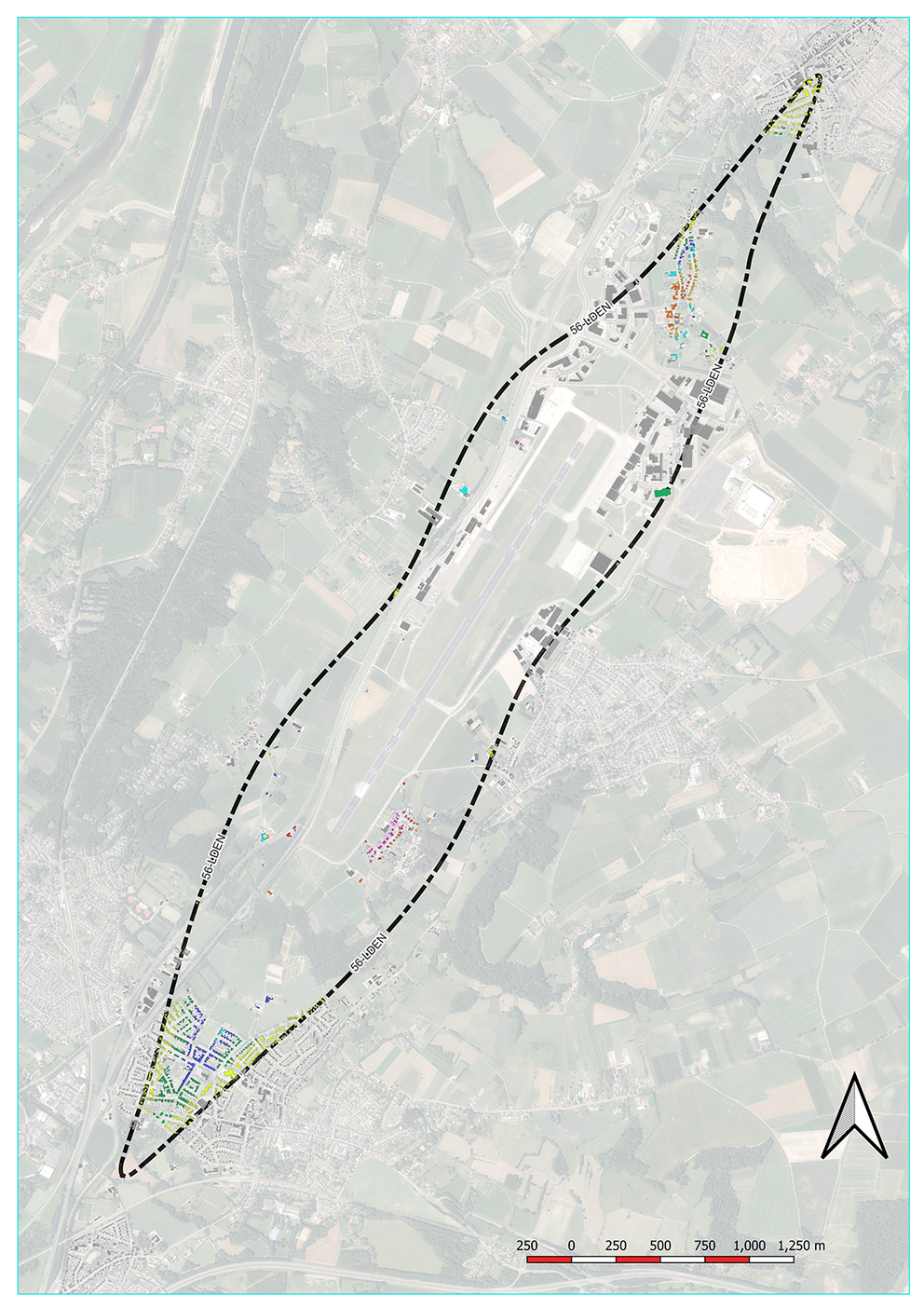 De56 dB(A)-contour als stippellijn op de kaart