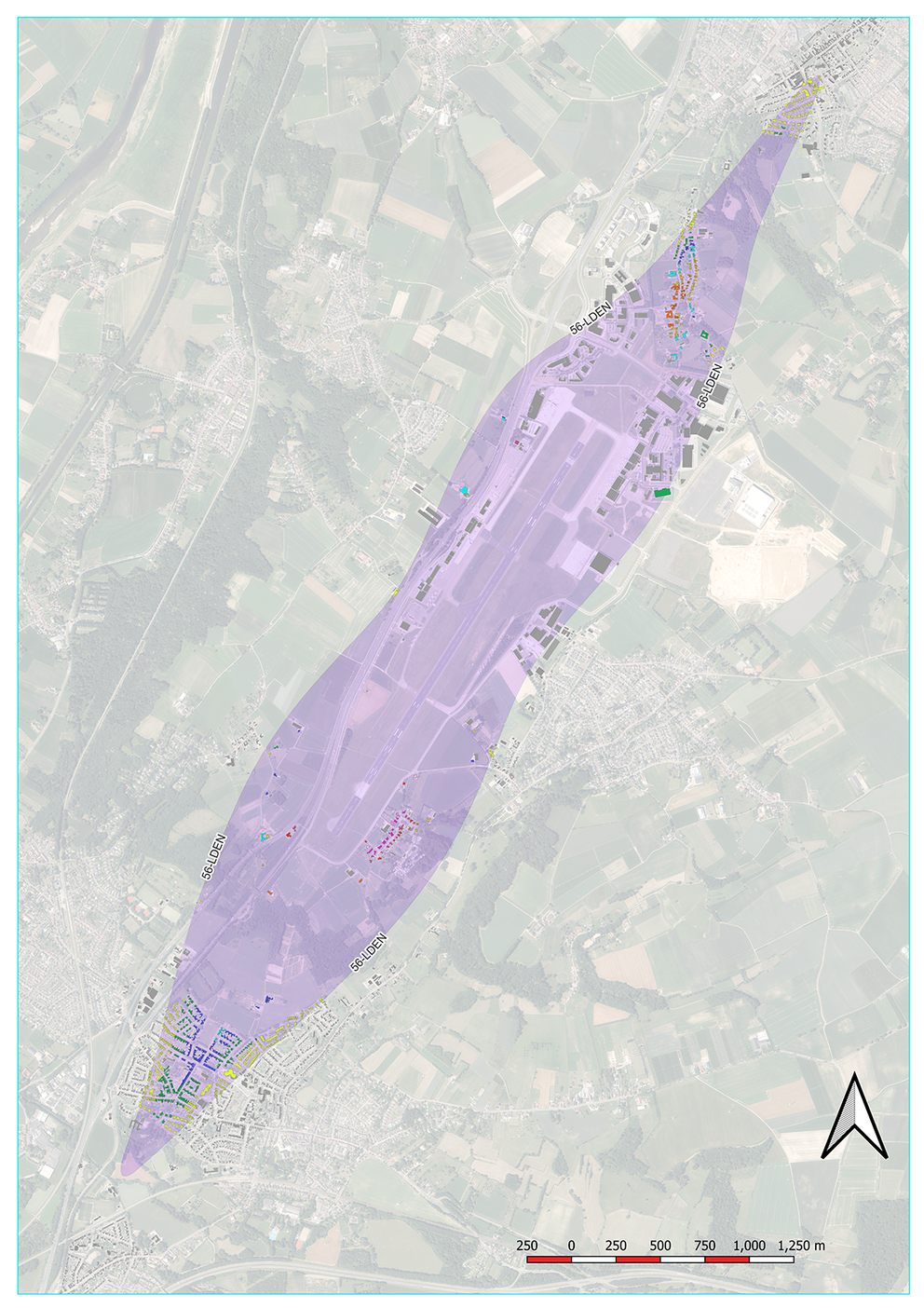 De 56 dB(A)-contour als kleurvlak op de kaart